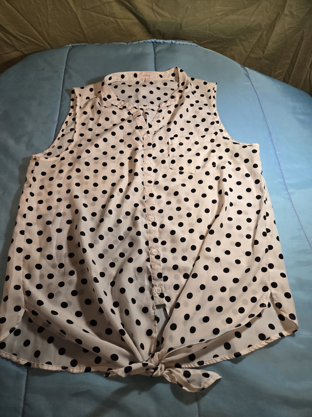 Pixley Semi Sheer Silky Feel White W/ Black Polka Dots Tank Sz L Tie Bottom